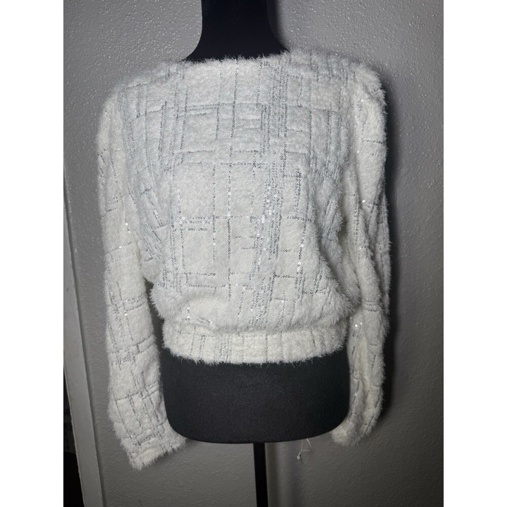 Flying Tomato White Fuzzy Sequin Grid Sweater Size Small NWOT Crop Knit Holiday